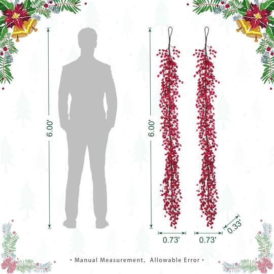 Glitzhome® 6ft. Christmas Red Berries Garland, Set of 2